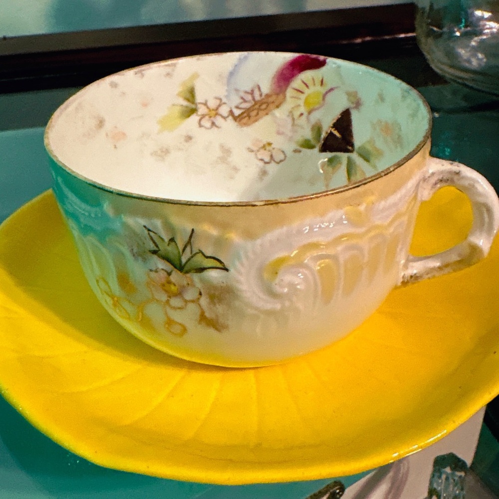 Antique Hand-Painted Yellow Teacup and Saucer